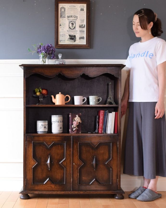 アンティークのキャビネット　アンティーク家具　ブックシェルフ　見た目はもちろん実用的に使いやすいオープン棚扉が付いていないオープンタイプの本棚は、便利に使える実力派。(q-2211-f)