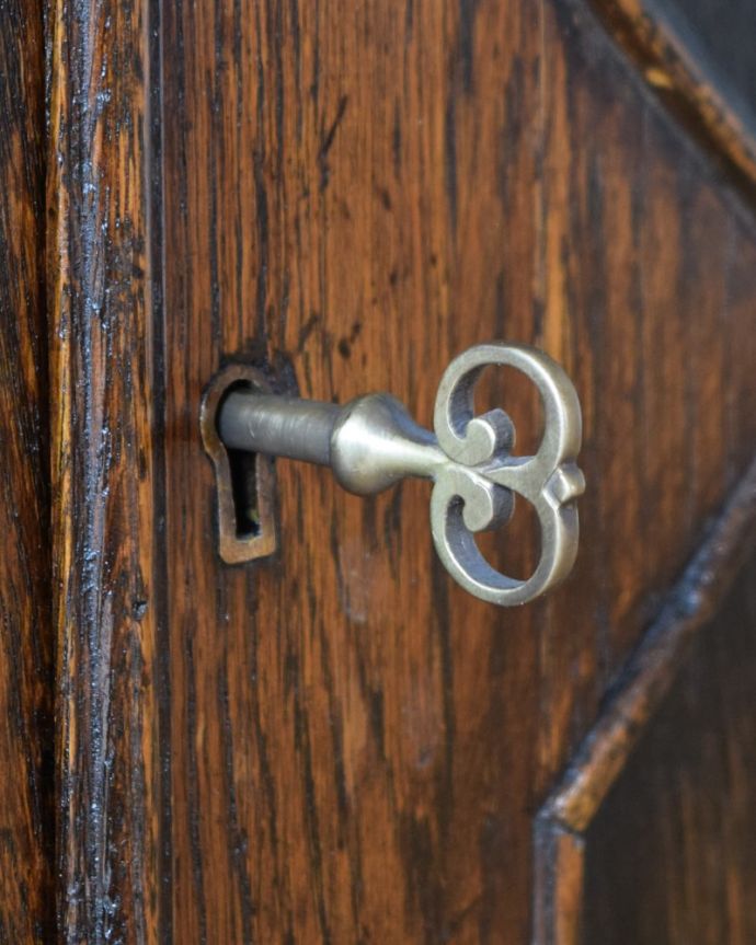 アンティークのキャビネット　アンティーク家具　ブックシェルフ　大切なものも安心ですカギが付いているので、大切なものも収納することが出来ます。(q-2211-f)