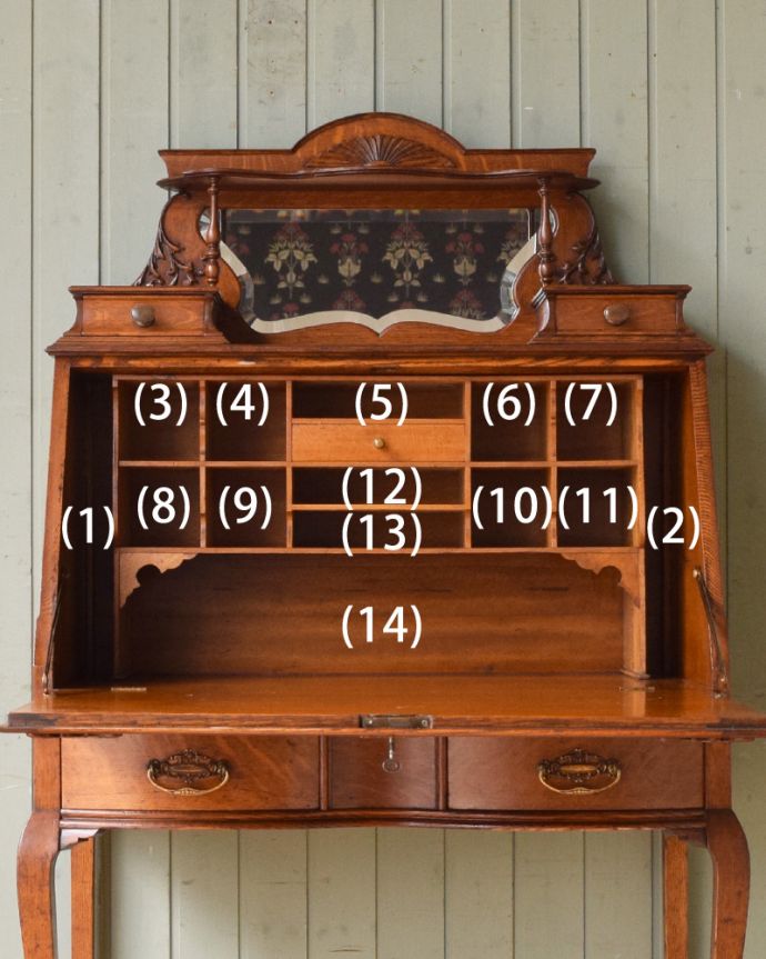 ビューロー　アンティーク家具　ミラーが付いたライティングビューロー、豪華なアンティーク英国家具。この通り天板は広々しているので、パソコンデスクとしても活躍してくれます。(q-901-f)