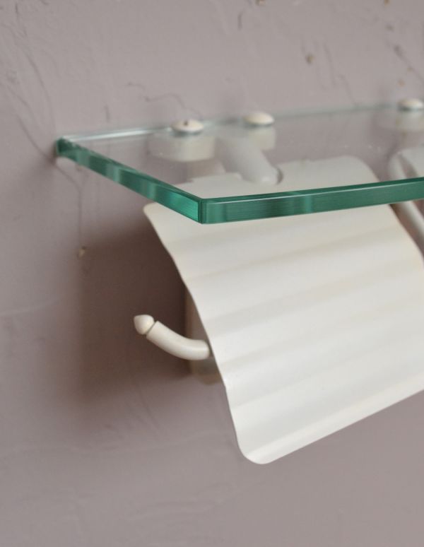 洗面・トイレ　住宅用パーツ　真鍮ペーパーホルダーダブル（アンティークホワイト）フック＆ガラス棚付き。ダブルホルダーは、お家でも、飲食店でも人気のタイプです。(sa-233)