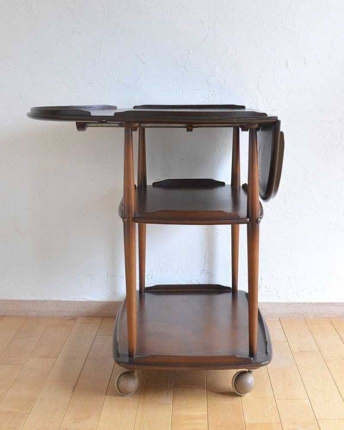 アーコールの家具　アンティーク家具　３サイズで使えるアーコール家具、サイドテーブルとしてもワゴンテーブル。片方開いて･･･リーフを片方だけ開いて使うことも出来ます。(x-1027-f)