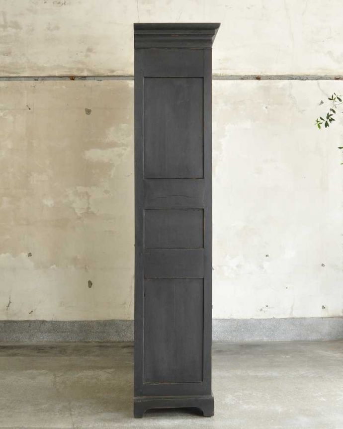 アンティークのキャビネット アンティーク家具 クールなカラーのアンティーク家具、大人のためのフレンチガラスキャビネット。横から見てもステキもちろん、横から見られることも考えて、しっかり修復してあります。(x-1228-f)