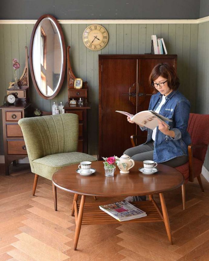 1Pソファ(ラウンジチェア)　アンティーク チェア　人気の北欧インテリアにピッタリなグリーンのヴィンテージチェア（1Pソファ）。。(x-439-c)