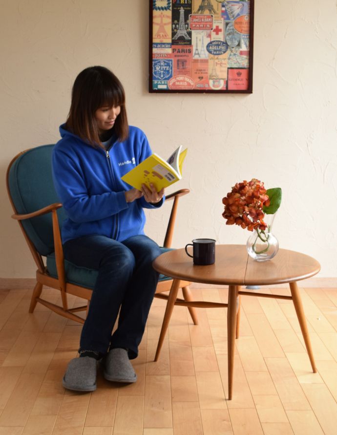 アーコールの家具　アンティーク家具　アーコールのヴィンテージ家具、ドロップリーフコーヒーテーブル（伸張式）。めずらしい形のアーコールのコーヒーテーブルちょっとめずらしいゲートレッグタイプのアーコールのコーヒーテーブル。(x-768-f)