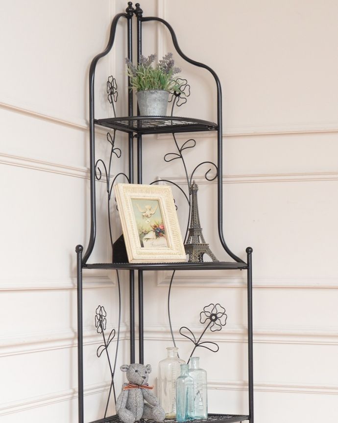 コーナー用　アンティーク風　お花模様が華やかなコーナー用アンティーク風プランタースタンド（折り畳み式）。可愛いお花の柄可愛いお花の柄がたっぷり！自分流の使い方で自由に使ってください。(y-318-f)