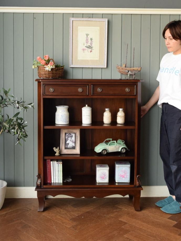英国アンティーク調のオープンシェルフ、マホガニー材のおしゃれな本棚