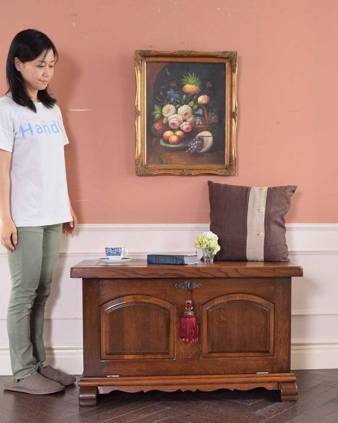 ブランケットボックス・収納ボックス　アンティーク家具　フランス輸入のアンティーク家具、おしゃれなブランケットボックス（ベンチ）。いろんな場所で便利に使えるアンティーク家具の中で一番基本となるブランケットボックス。(z-069-f)