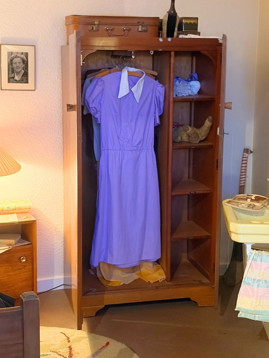 ヴィンテージのワードローブと1950年代の紫色のドレス