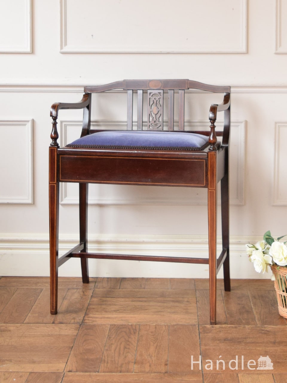 イギリスのアンティーク椅子、象嵌が美しい収納付きのスツール (q-445-c)