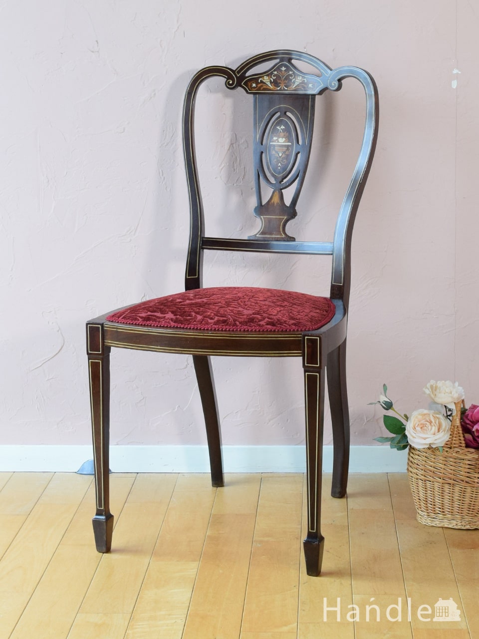 イギリスから届いた美しいアンティークチェア、ローズウッド材の象嵌細工のアンティーク椅子 (k-1762-c)