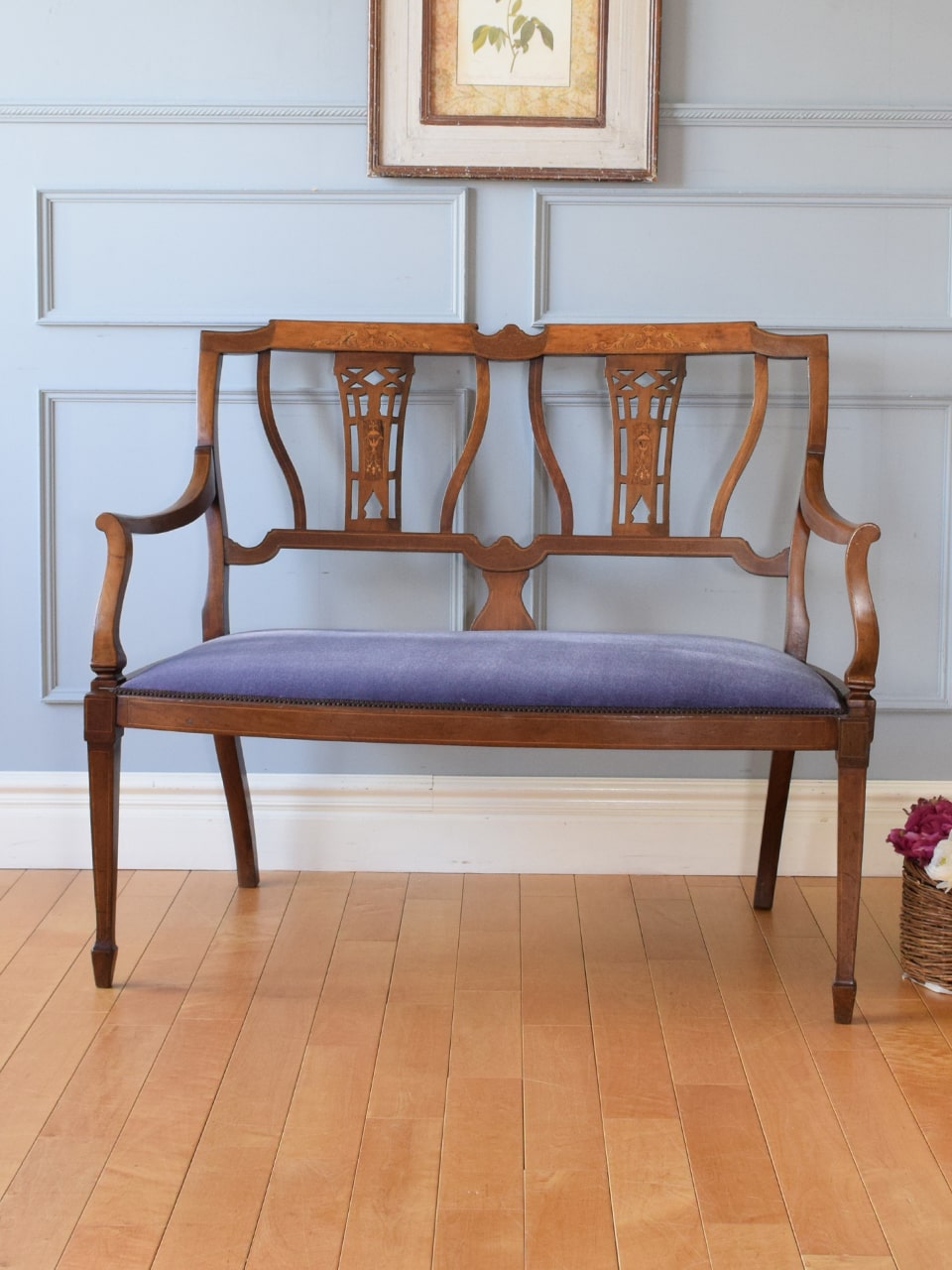 英国アンティークの長椅子、象嵌の入ったマホガニー材のセティ (q-496-c)