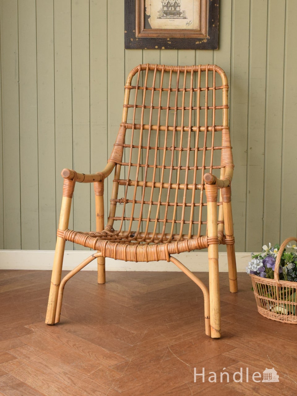 英国アンティークのおしゃれな一人掛けの椅子、ラタンのパーソナル