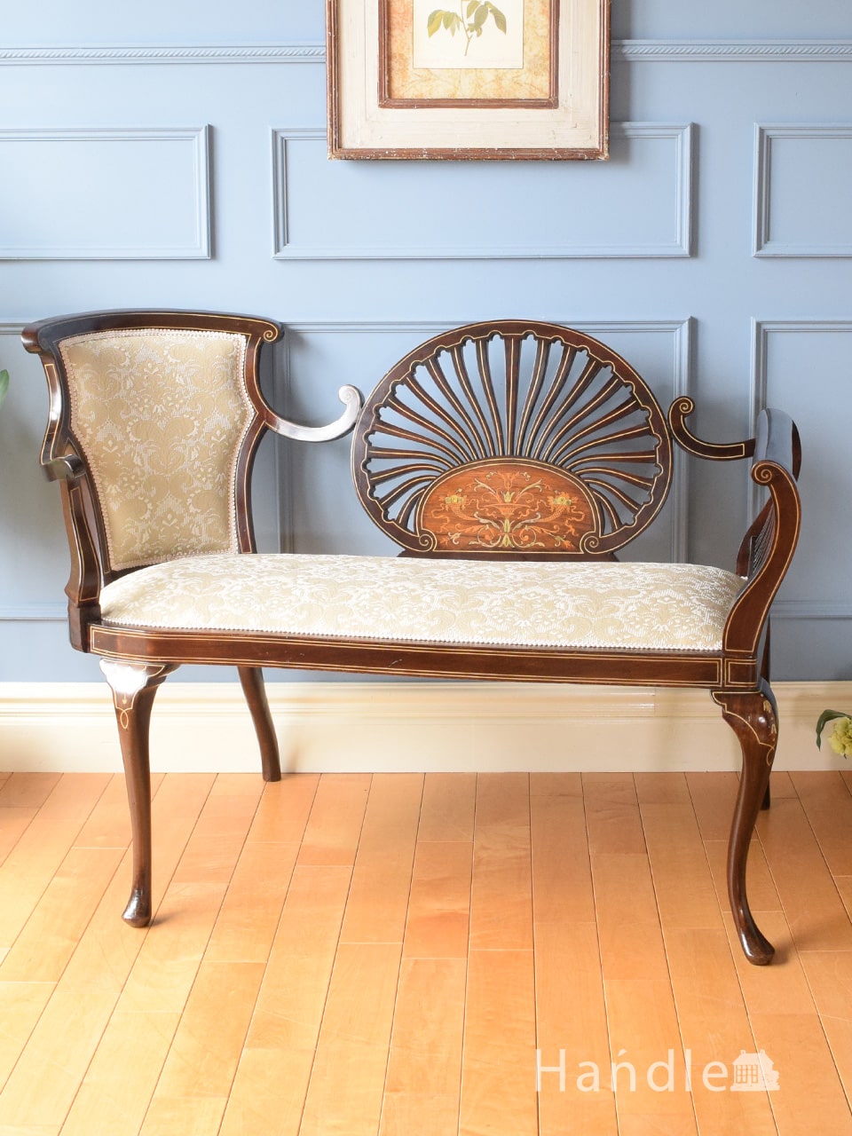 アンティークの美しい長椅子、象嵌細工が美しいマホガニーのセティ (k-1879-c)