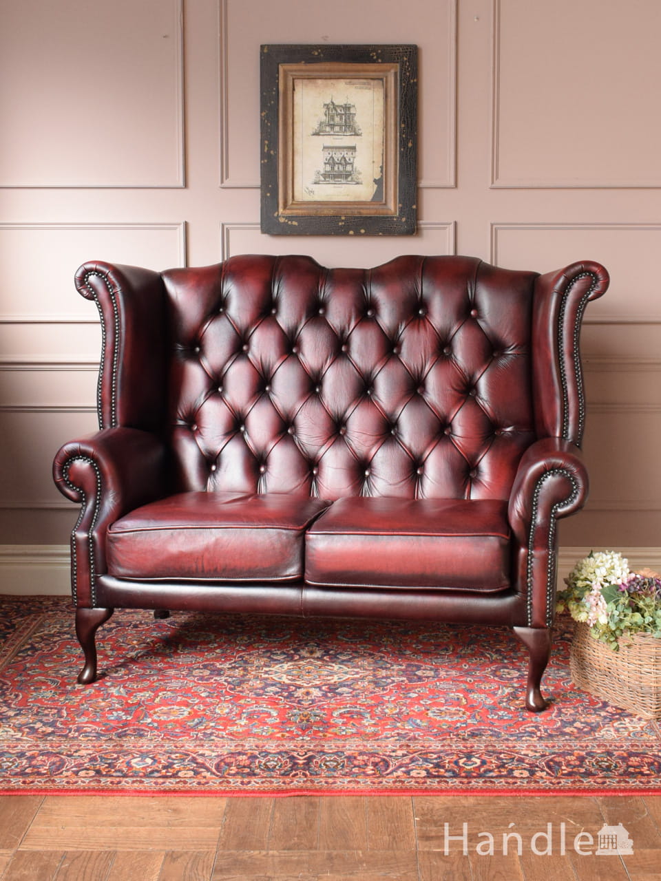 英国アンティークの二人掛け革張りソファ、おしゃれなボタンダウンのウィングバックチェア (z-128-c)