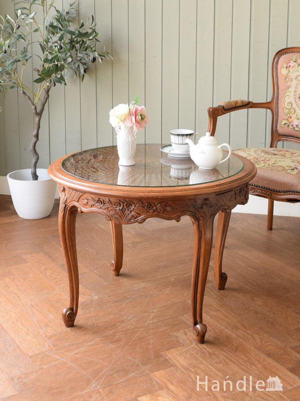 フランスのアンティークテーブル、編み目が美しいガラス天板のコーヒーテーブル (j-2864-f)