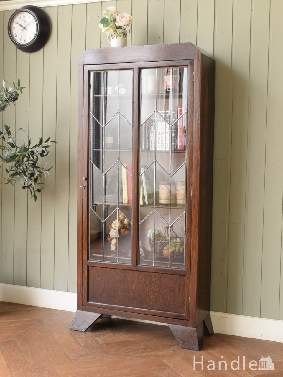 英国のおしゃれなアンティーク家具、ステンドグラスの扉が美しい木製のブックケース（本棚）  (q-2551-f)