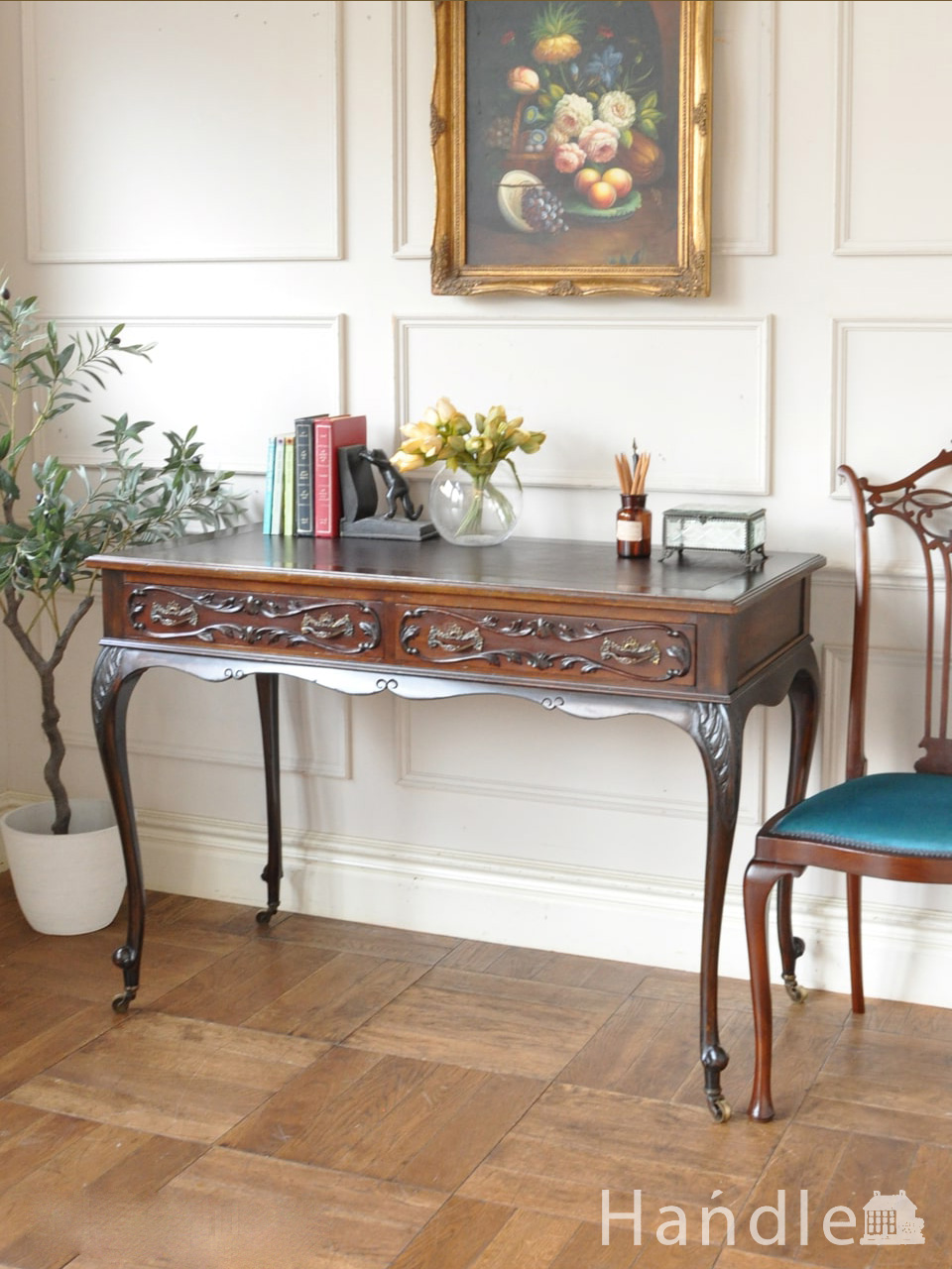 マホガニー材の美しい書斎机、英国のアンティーク家具ライティングデスク (q-2702-f)
