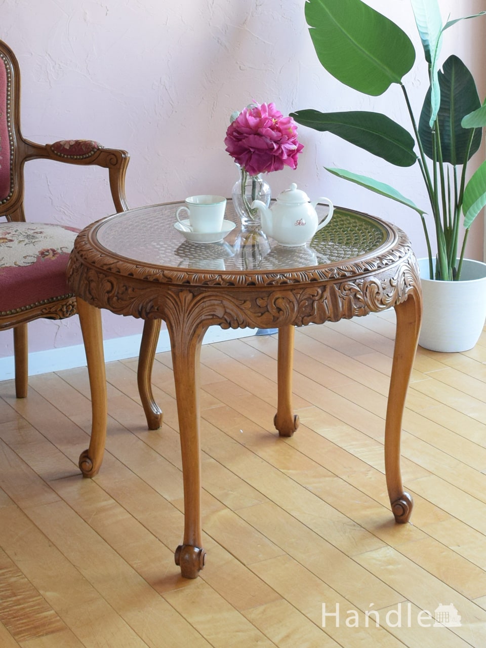 フランスのアンティークテーブル、編み目が美しいガラス天板のコーヒーテーブル (j-3075-f)