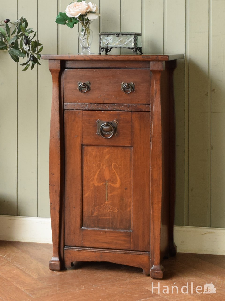 イギリスのめずらしいアンティーク家具、アールヌーボーの象嵌模様が美しいコールボックス(炭入れ) (q-2908-f)