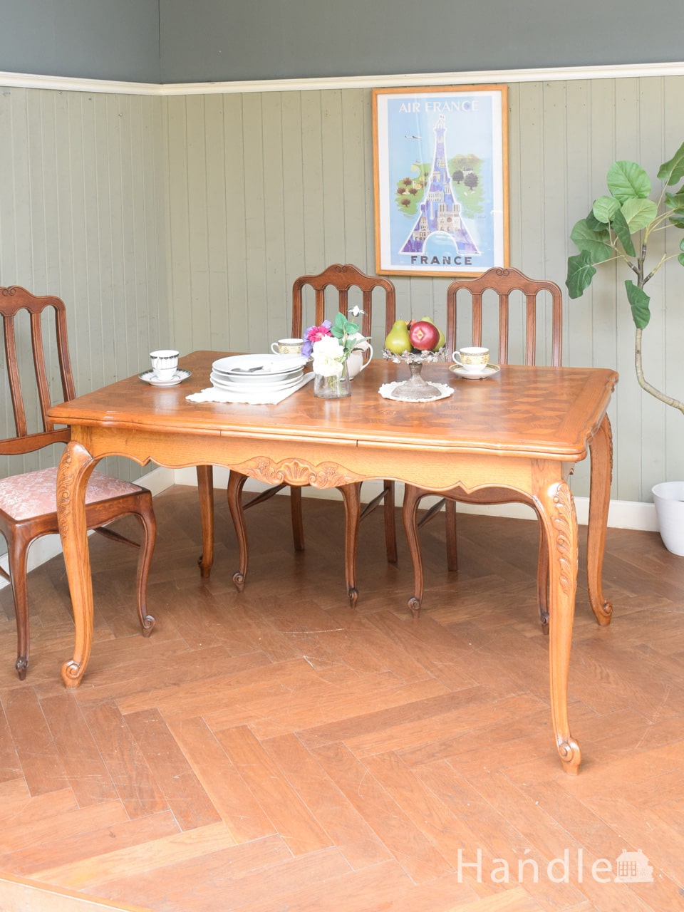 フランスの伸長式テーブル、猫脚が優雅なアンティークのダイニングテーブル (j-3406-f)