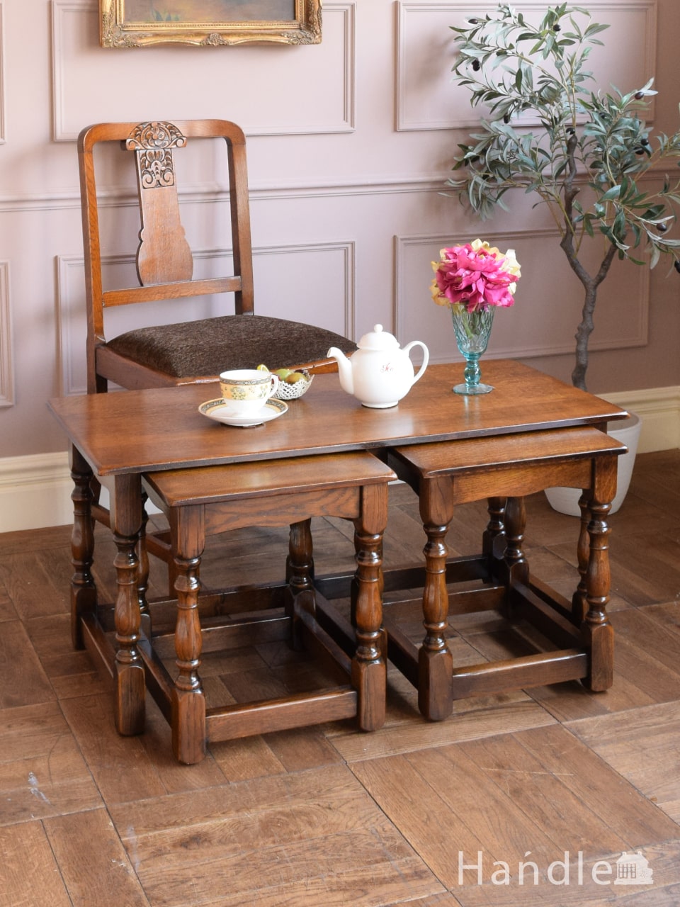 英国アンティークのおしゃれなネストテーブル、オーク材のローテーブル ...