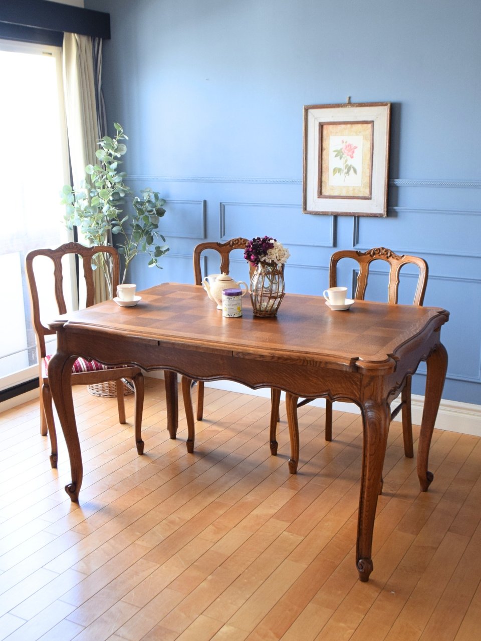 フランスのアンティーク伸長式テーブル、天板の杢目が美しいドローリーフテーブル (j-3460-f)