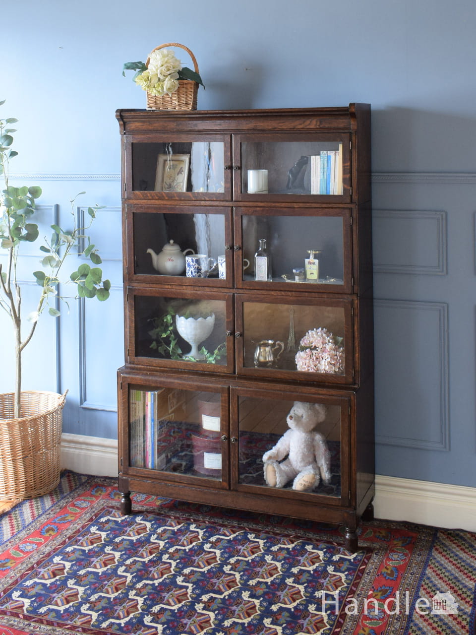 観音開き扉のおしゃれなアンティーク本棚、オーク材のスタッキングブックケース