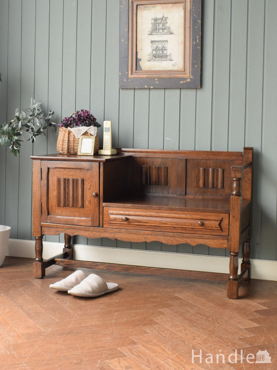 リネンフォールドの彫が入ったテレフォンベンチ、英国アンティークの電話を楽しんだおしゃれな椅子