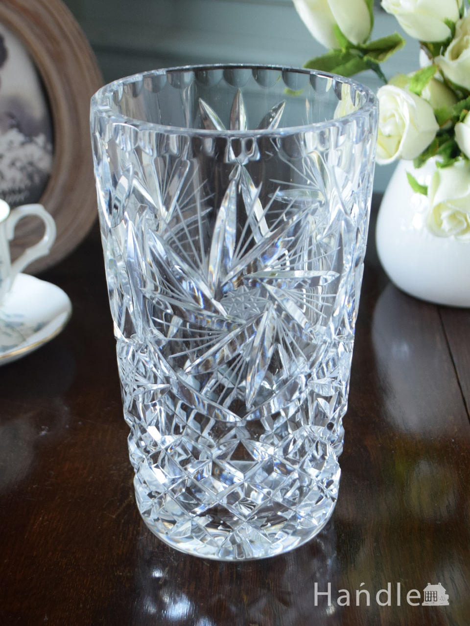 アンティークガラスのフラワーベース、華やかで美しいプレスドグラスの花器 (pg-6494)
