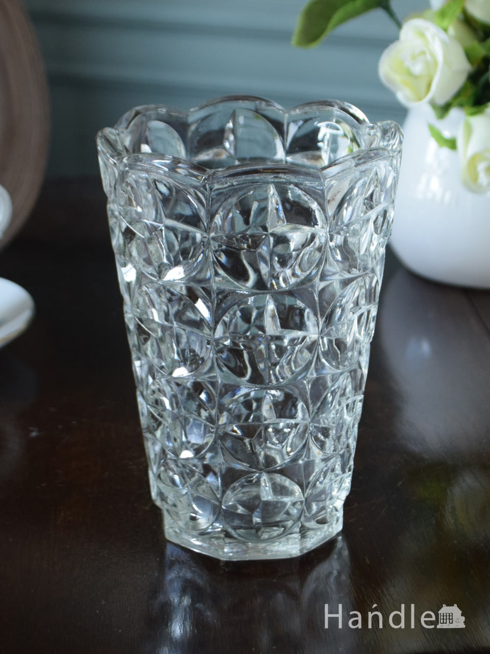 アンティークガラスの花瓶 イギリスで見つけたプレスドグラスのフラワーベース Pg 6496 アンティーク雑貨