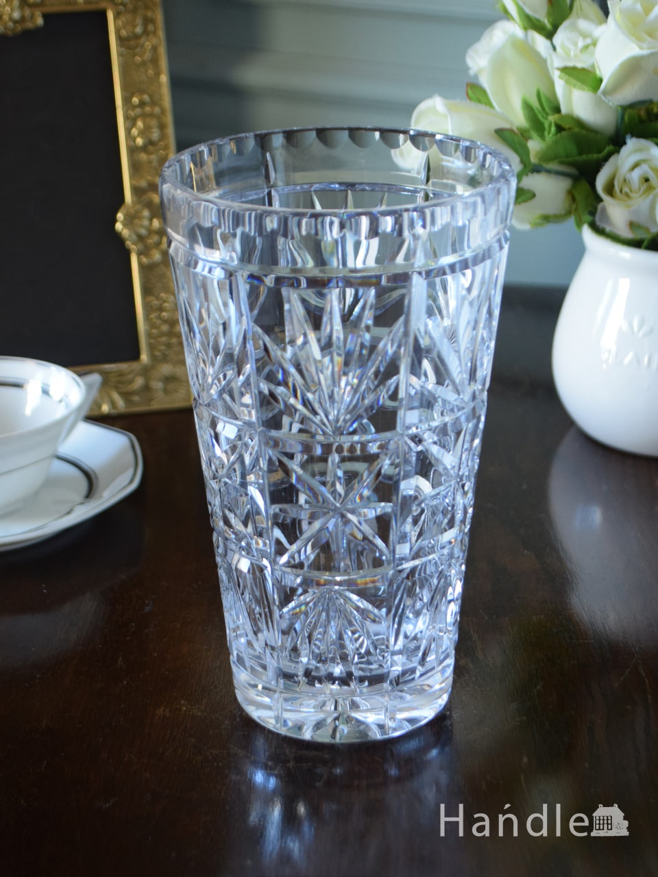 アンティークガラスのフラワーベース、華やかで美しいプレスドグラスの花器 (pg-6529)