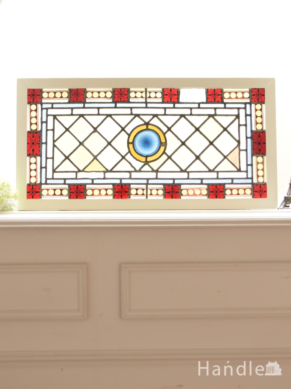英国アンティークのステンドグラス、ロンデルガラスの入った重厚なステンド (g-1264)