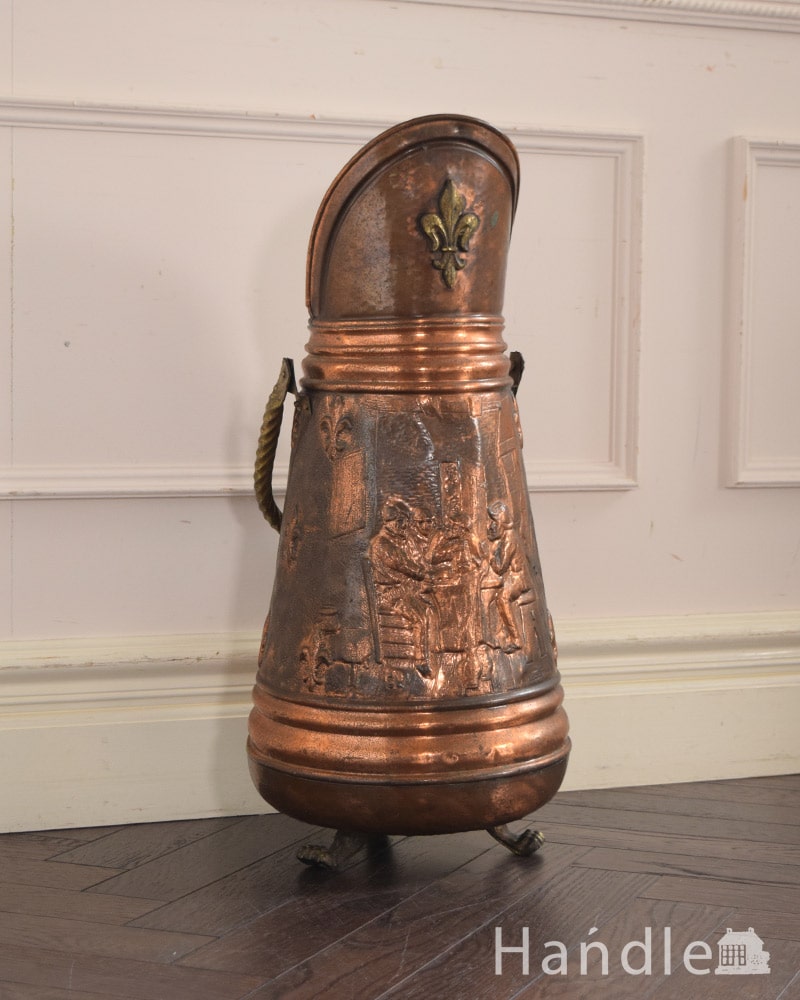 アンティークのコールバケツ、おしゃれな銅製の足付きコールバケツ（炭入れ） (j-192-z)