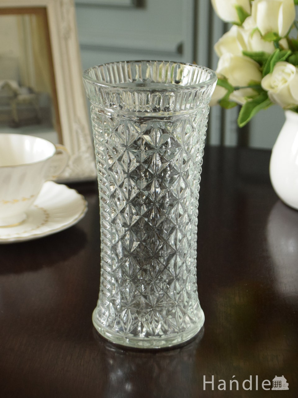 イギリスのアンティークの花器、プレスドグラスのフラワーベース (pg-6700)