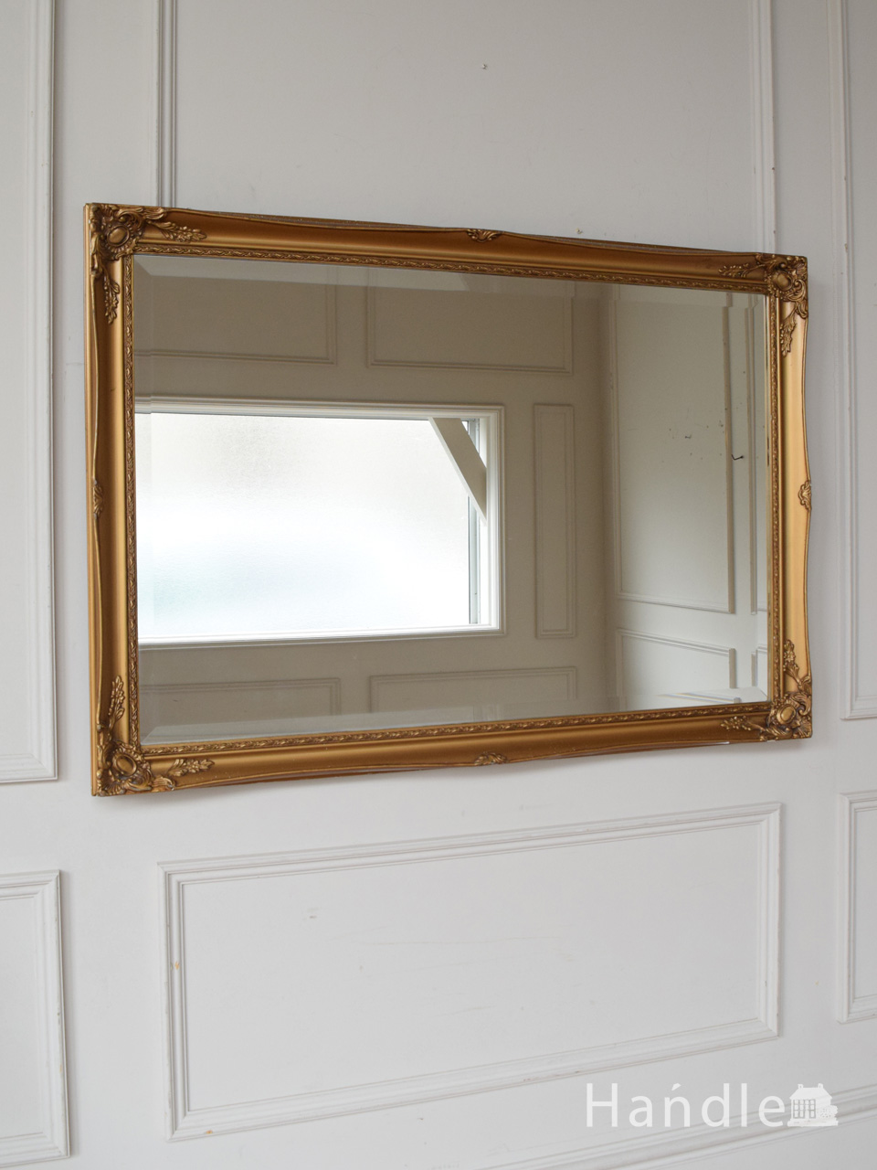 アンティークのおしゃれな鏡、イギリスで見つけたゴールドの壁掛け鏡 (k-4570-z)