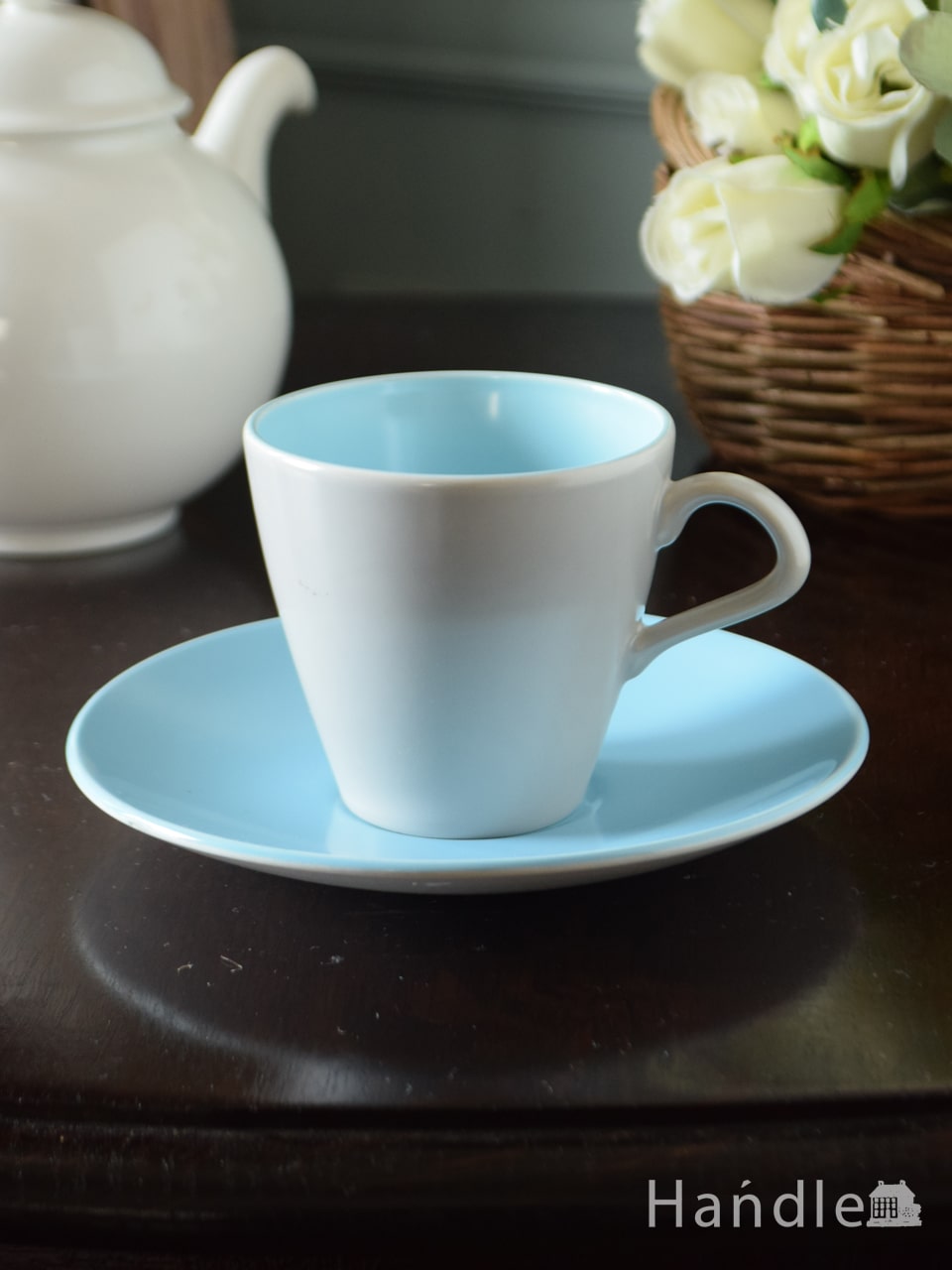 イギリスのアンティーク食器、プール・ポタリーのTwintone(Ice Green )のカップ&ソーサー (d-1716-z)
