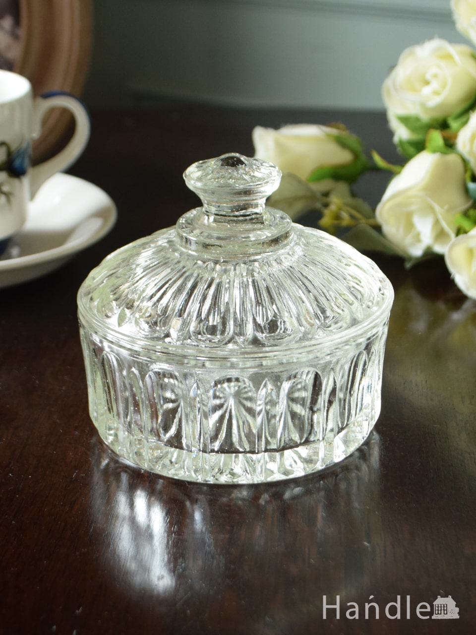 アンティークのおしゃれなガラス雑貨、イギリスから届いた美しいパフケース (pg-6770)