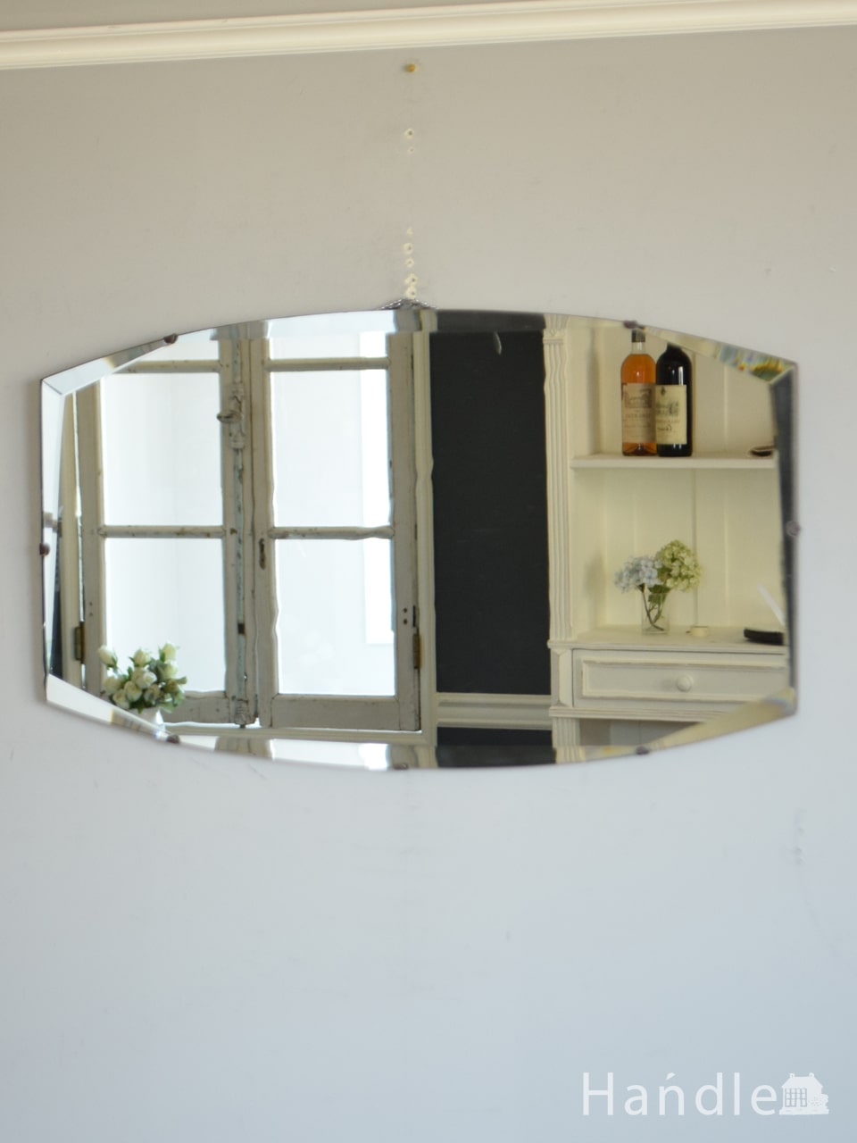 イギリスのおしゃれなアンティーク鏡、縁取りがキラキラ輝くカッティングミラー (k-4679-z)
