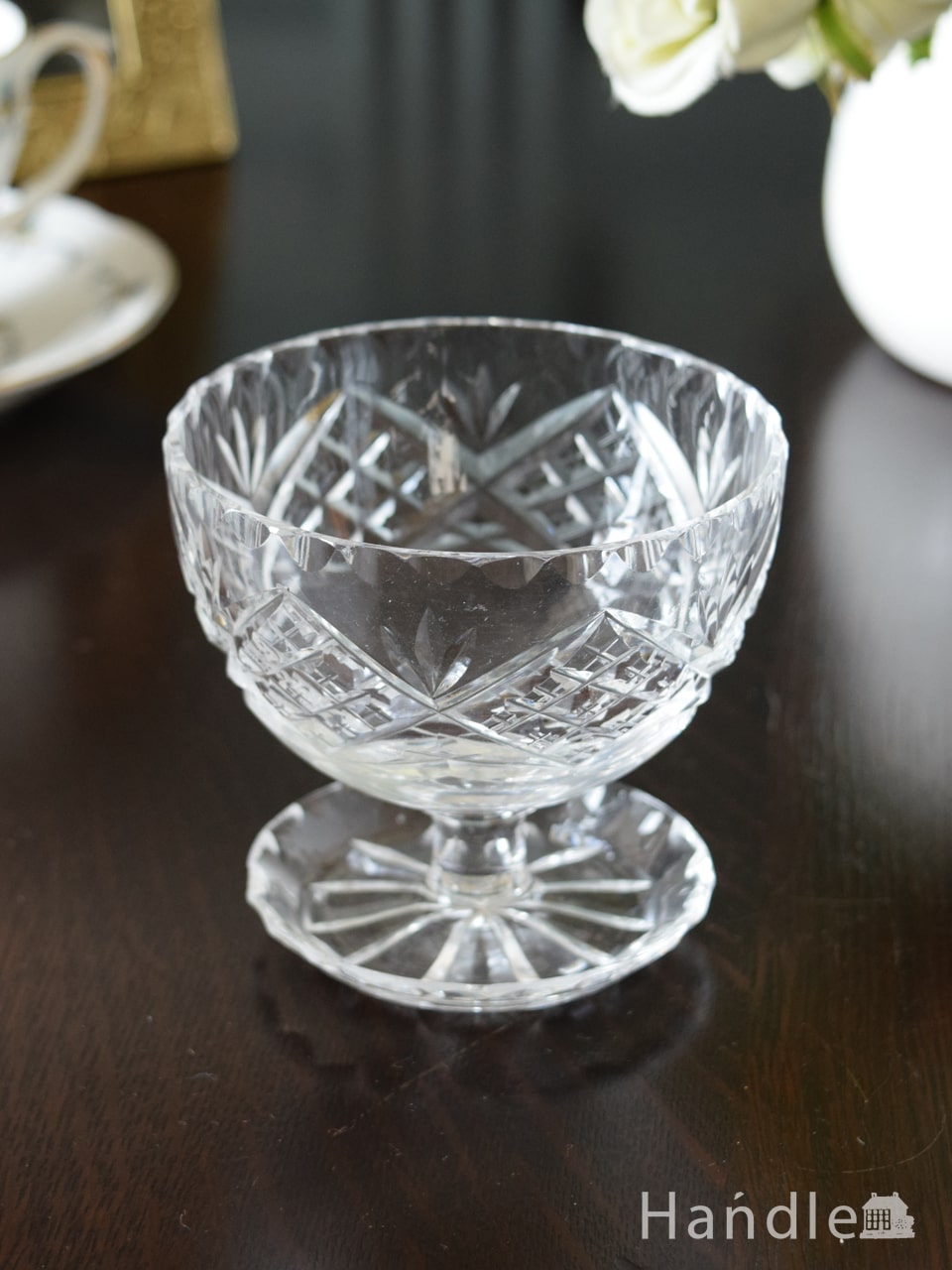 イギリスのアンティークガラスの食器、脚付きのプレスドグラスのデザートグラス (pg-7195)