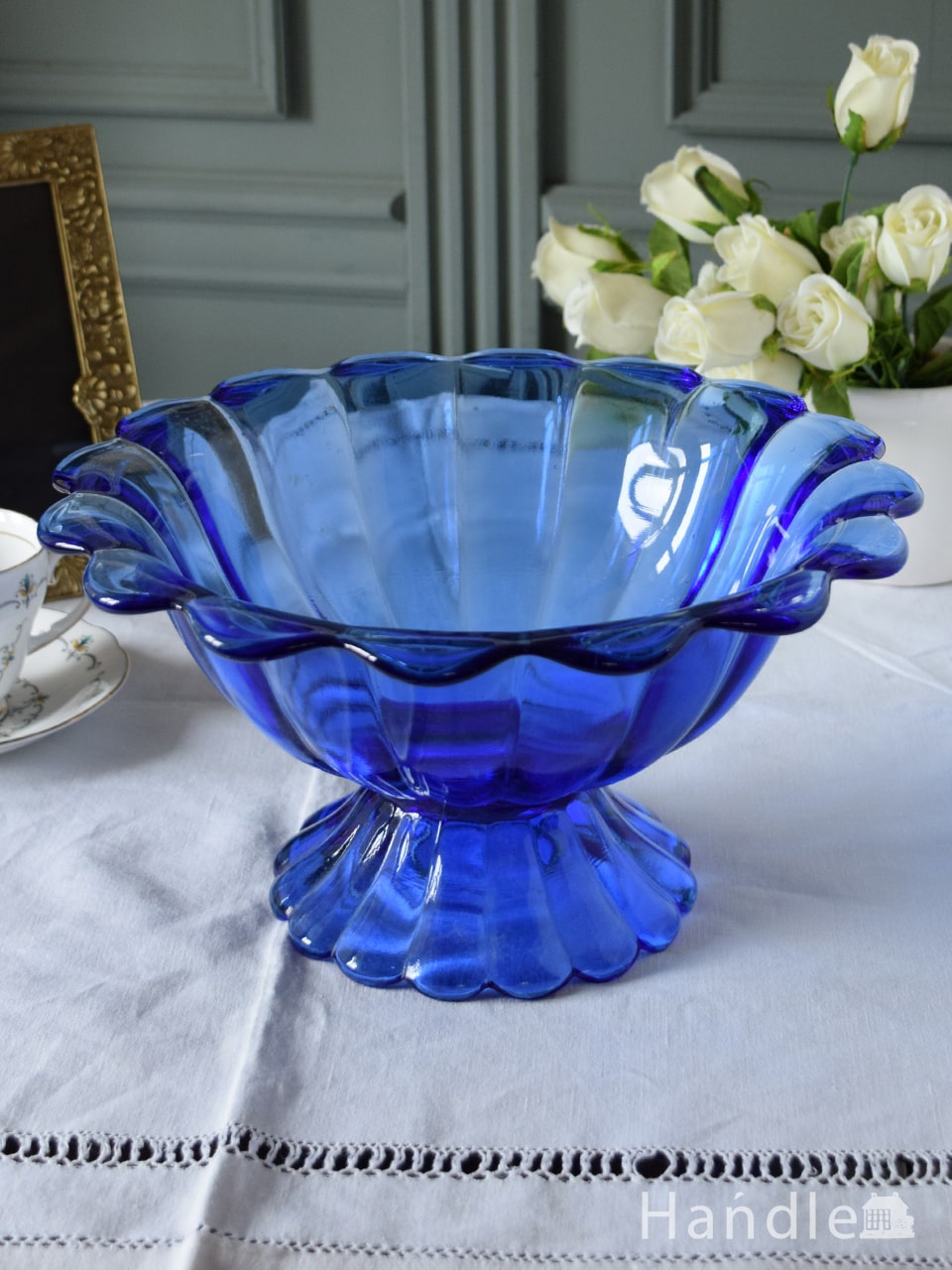 イギリスのアンティークガラスの器、ブルー色のガラスがキレイなコンポート(pg-7196)｜アンティーク雑貨