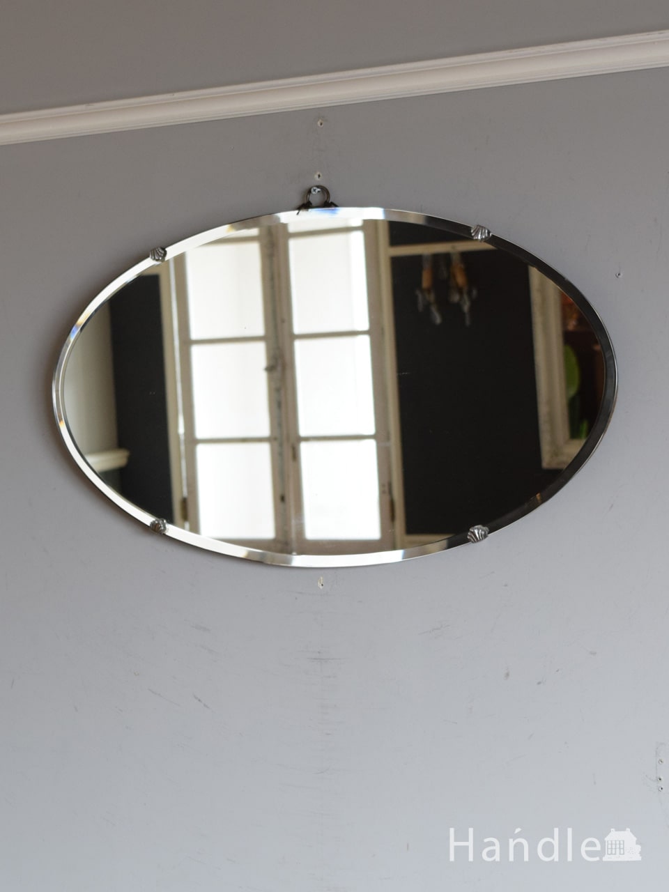 イギリスのアンティークミラー、縁取りがキラキラ輝くオーバル形の壁付けの鏡 (k-4810-z)