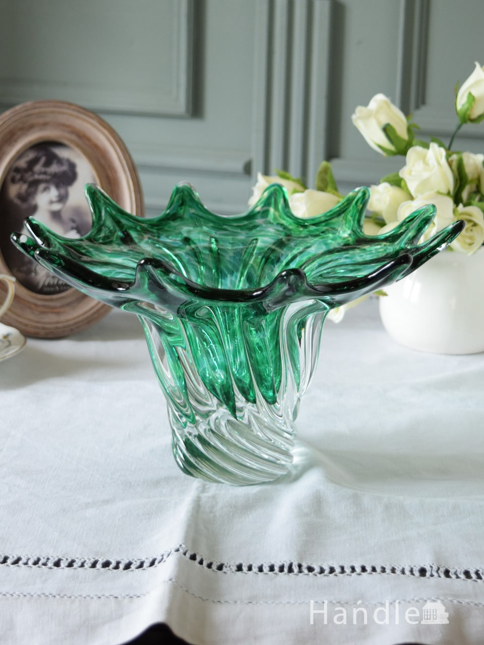 リーヒマキ アンティークガラス グリーン系 花瓶 花器-