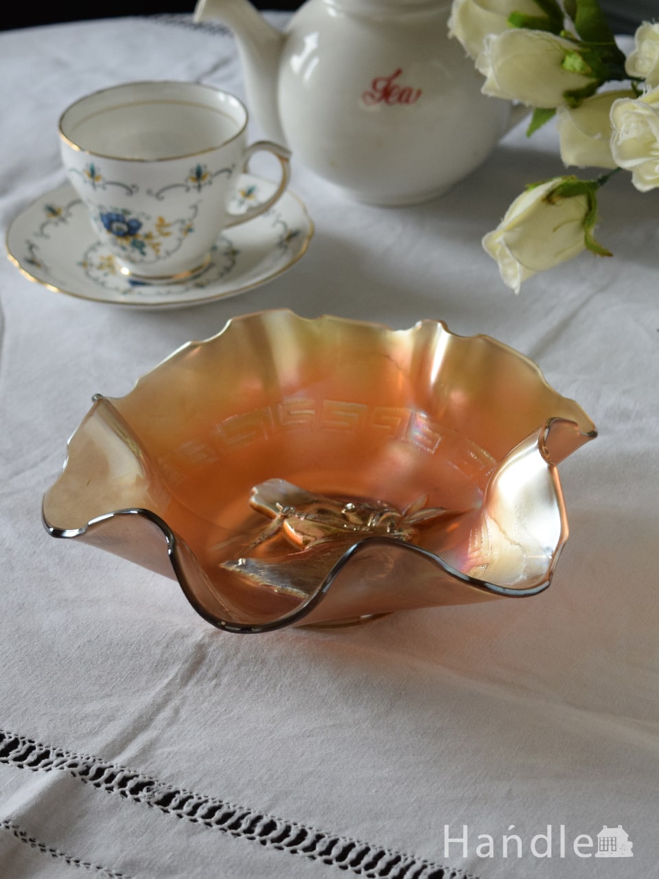 アンティークガラスの器、馬がデザインされた幻想的なオレンジ色のカーニバルガラス (pg-7051)
