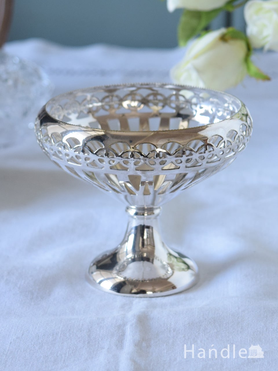 アンティークのシルバープレート、英国の透かし細工模様が美しいコンポート (k-5092-z)