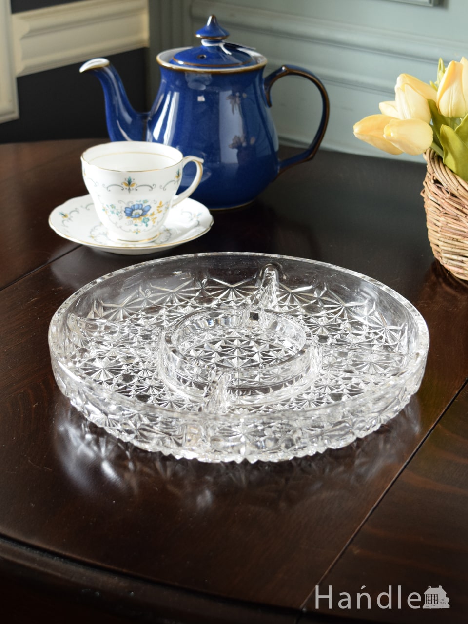 アンティークのガラス食器、仕切り付きの便利でおしゃれなガラスプレート (pg-7460)