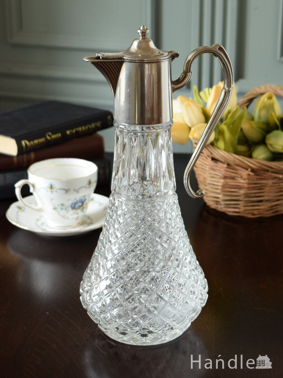 イギリスのアンティークプレスドグラス、ガラス×シルバーがおしゃれなジャグ (pg-7467)