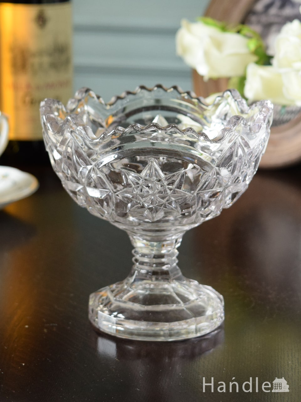 アンティークのガラス食器、細かいプレス模様が美しいデザートグラス (pg-7490)