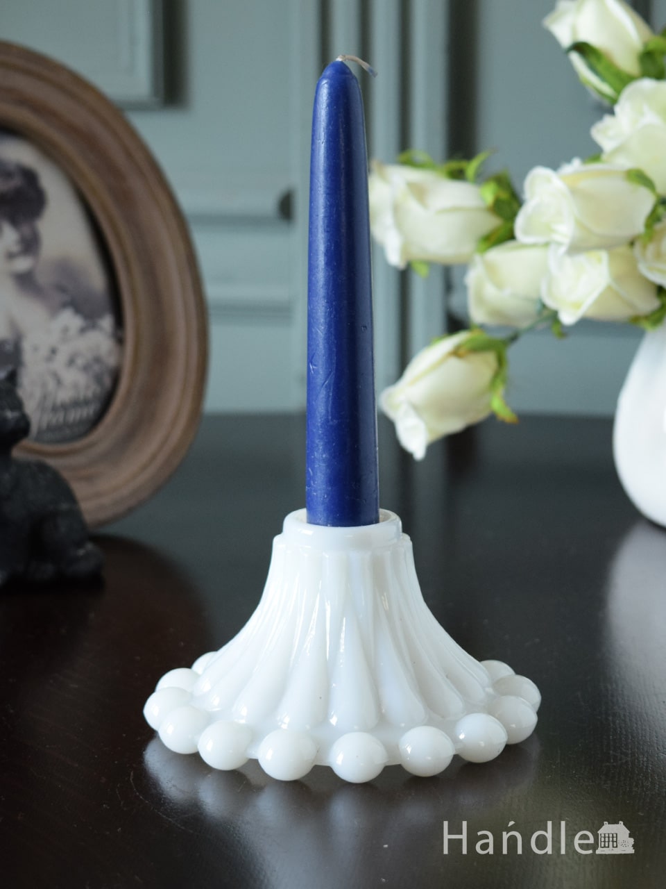 アンティークのおしゃれなキャンドルスタンド、ミルクガラスの燭台(m