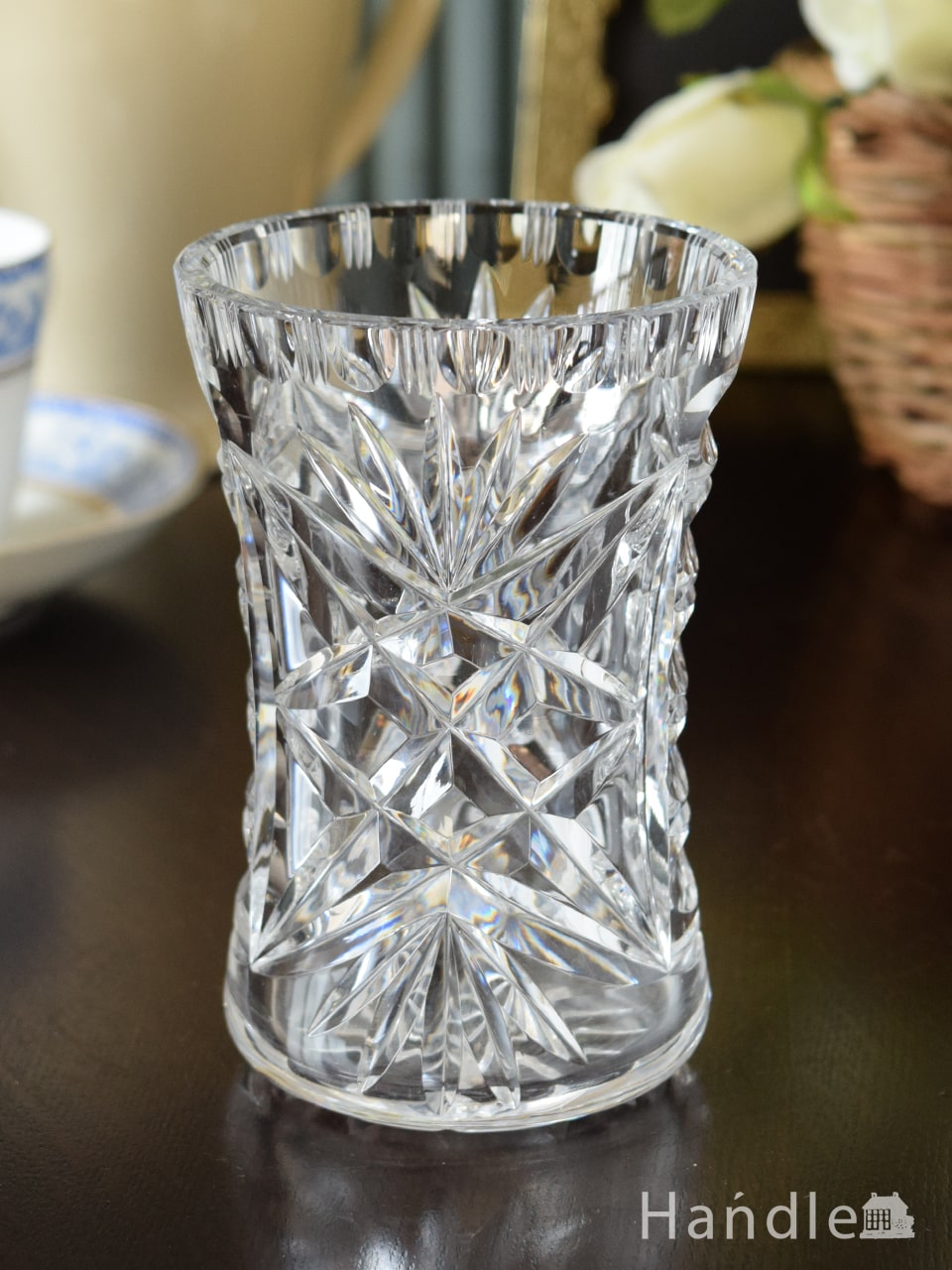 英国アンティークガラスの花びん、プレスドグラスのあフラワーベース (m-6061-z)