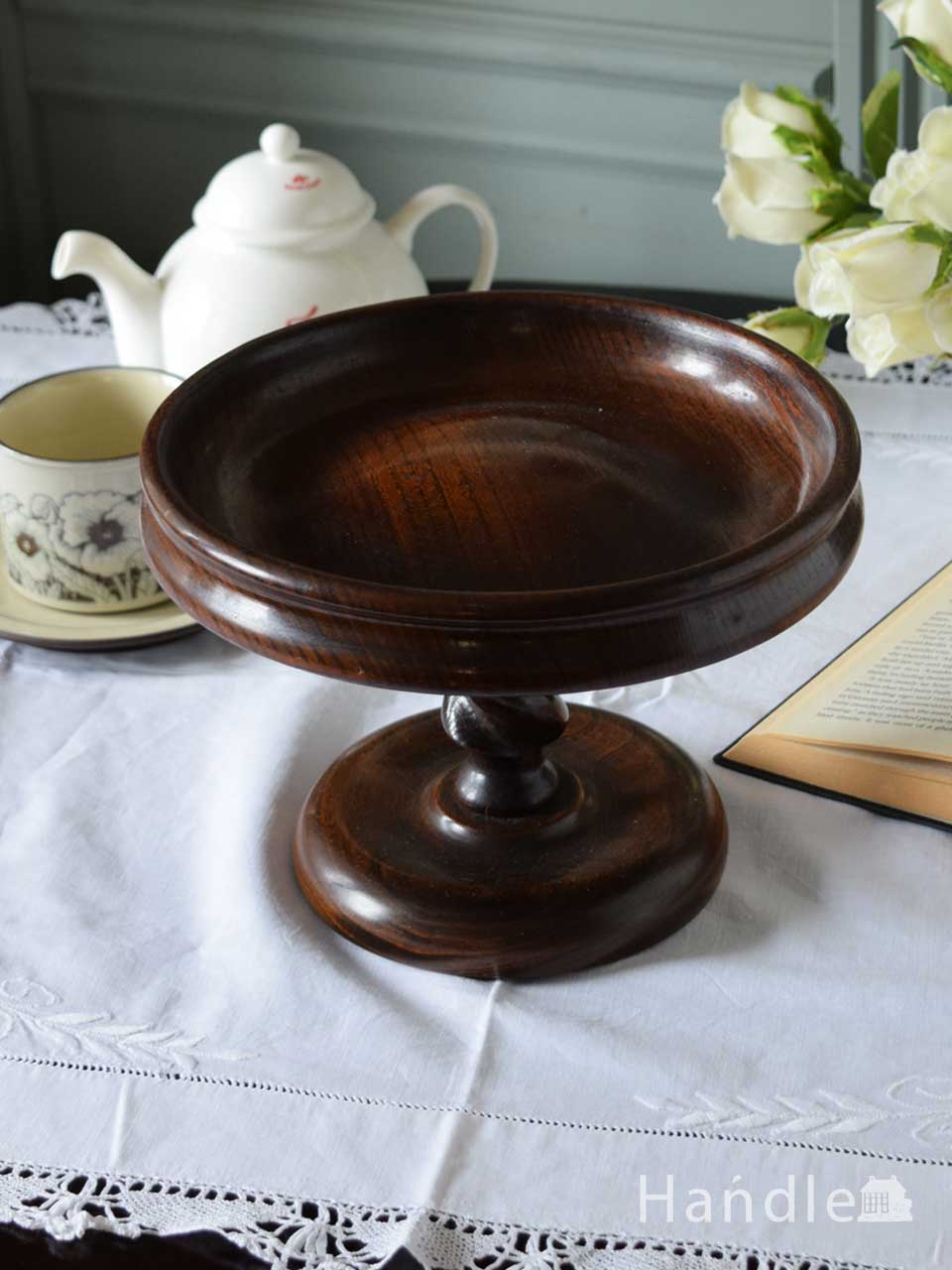 英国アンティークのおしゃれな食器、ツイストが美しい木製のコンポート (m-6186-z)